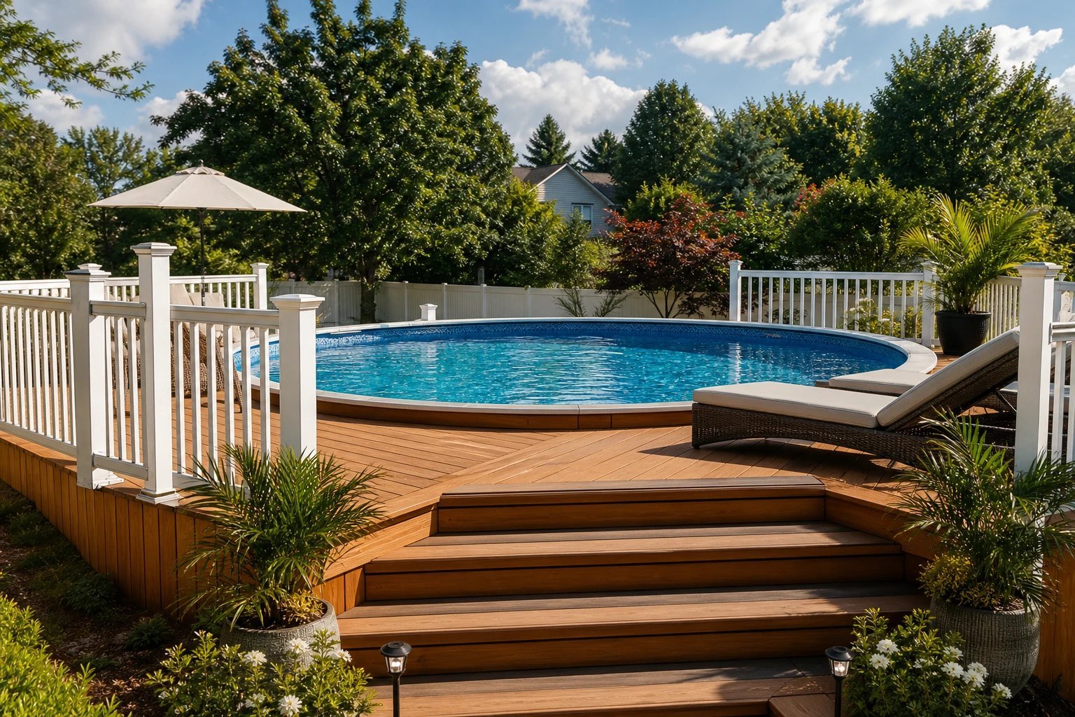 Above ground pool with a wraparound wooden deck, railings and loungers