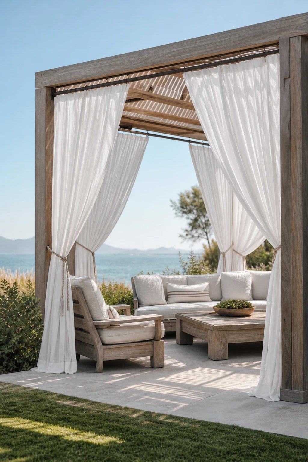 Outdoor curtains on a pergola