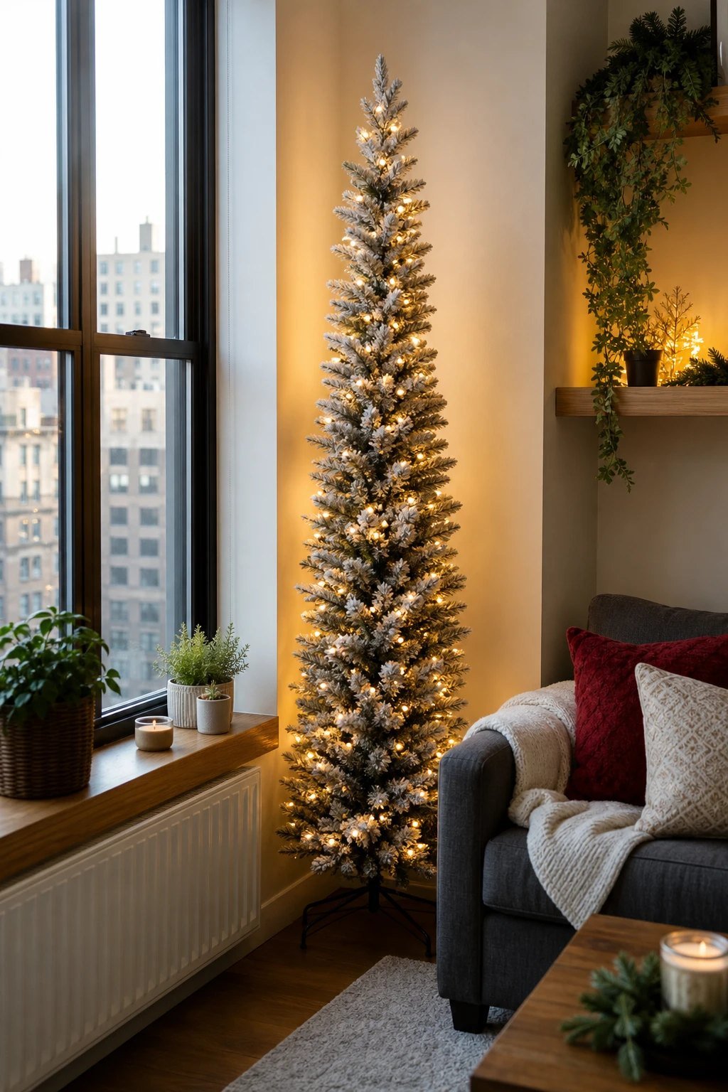 A slim pencil tree in the corner