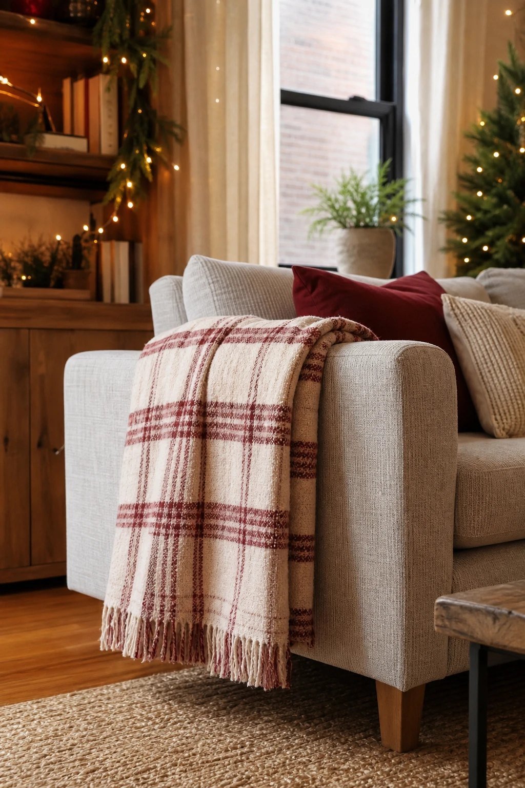 A Christmas throw on the sofa