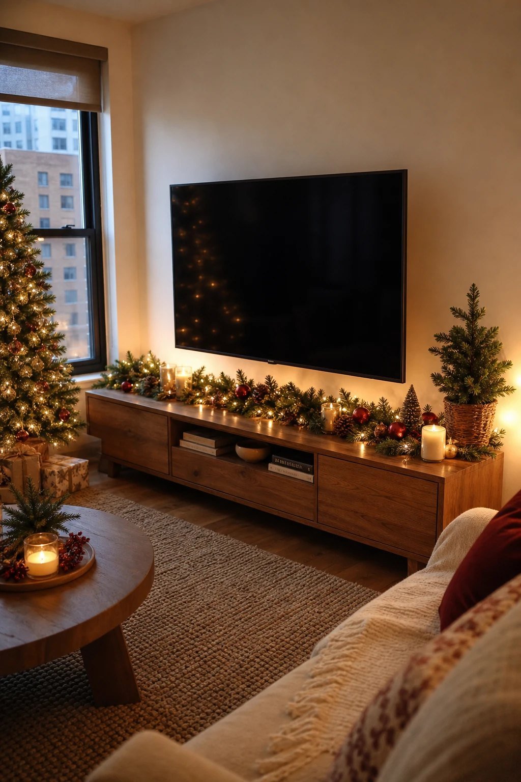 A TV console as the mantel