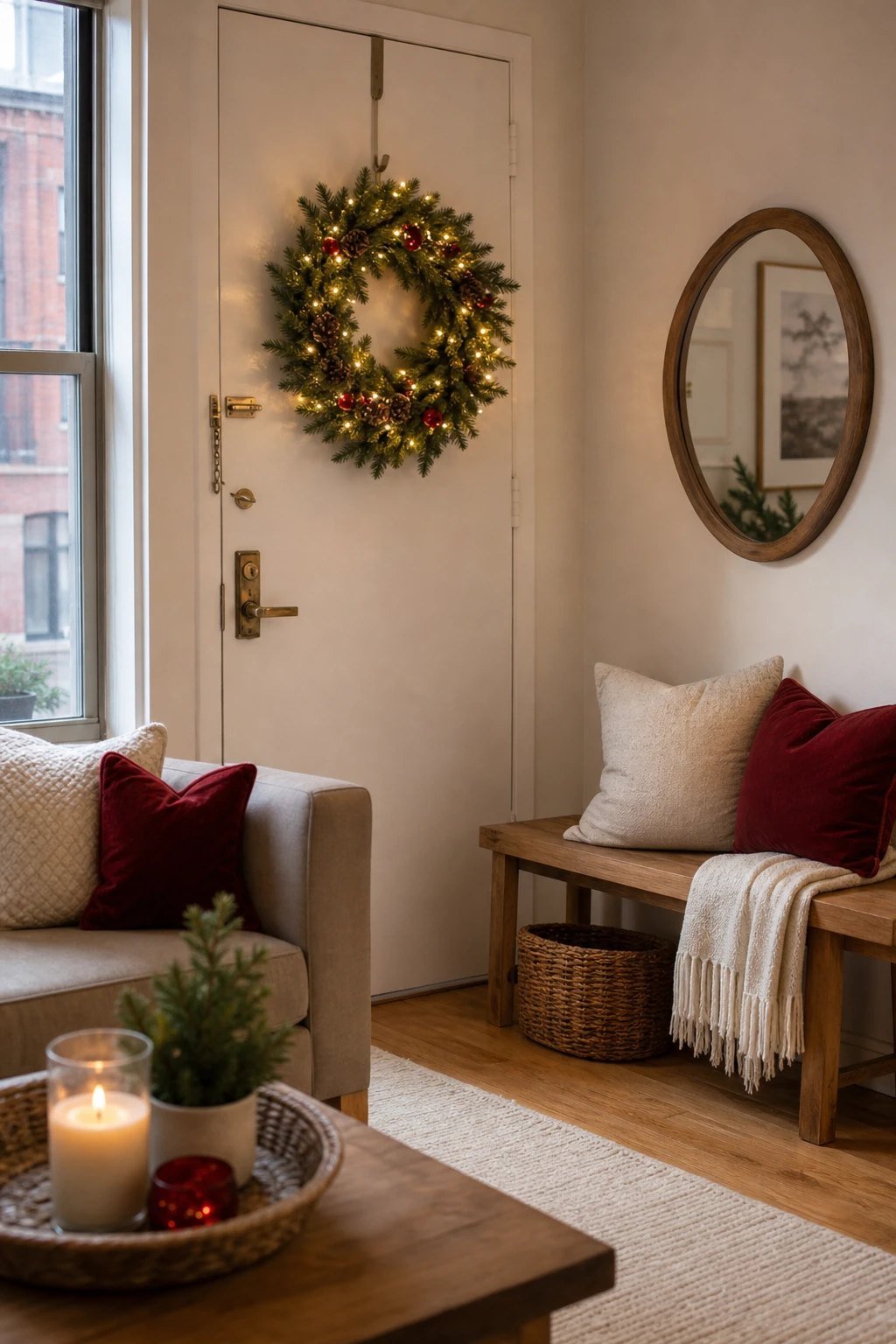 A wreath on the inside of the door