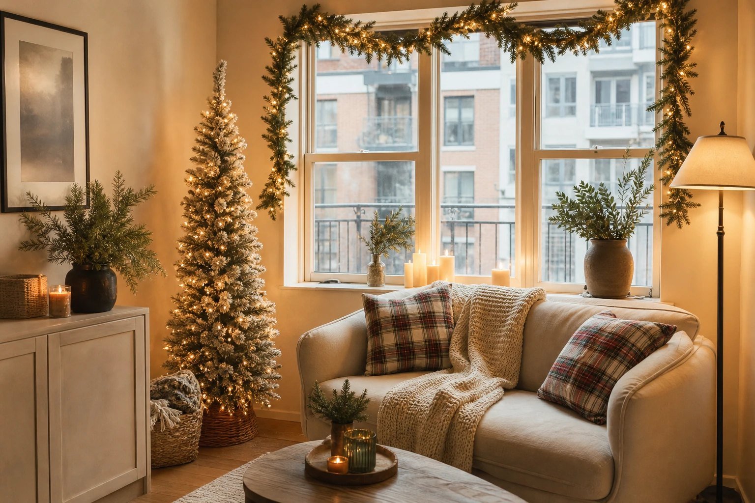 A cozy small apartment living room at Christmas with a slim pencil tree, garland over the window and candles on the sill