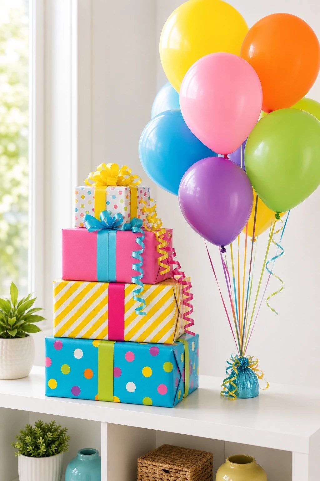 Wrapped birthday presents ready for a party