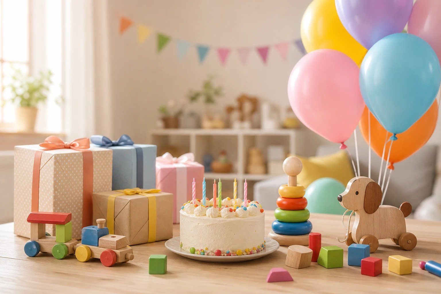A cheerful children's birthday table with wrapped presents, balloons and toys
