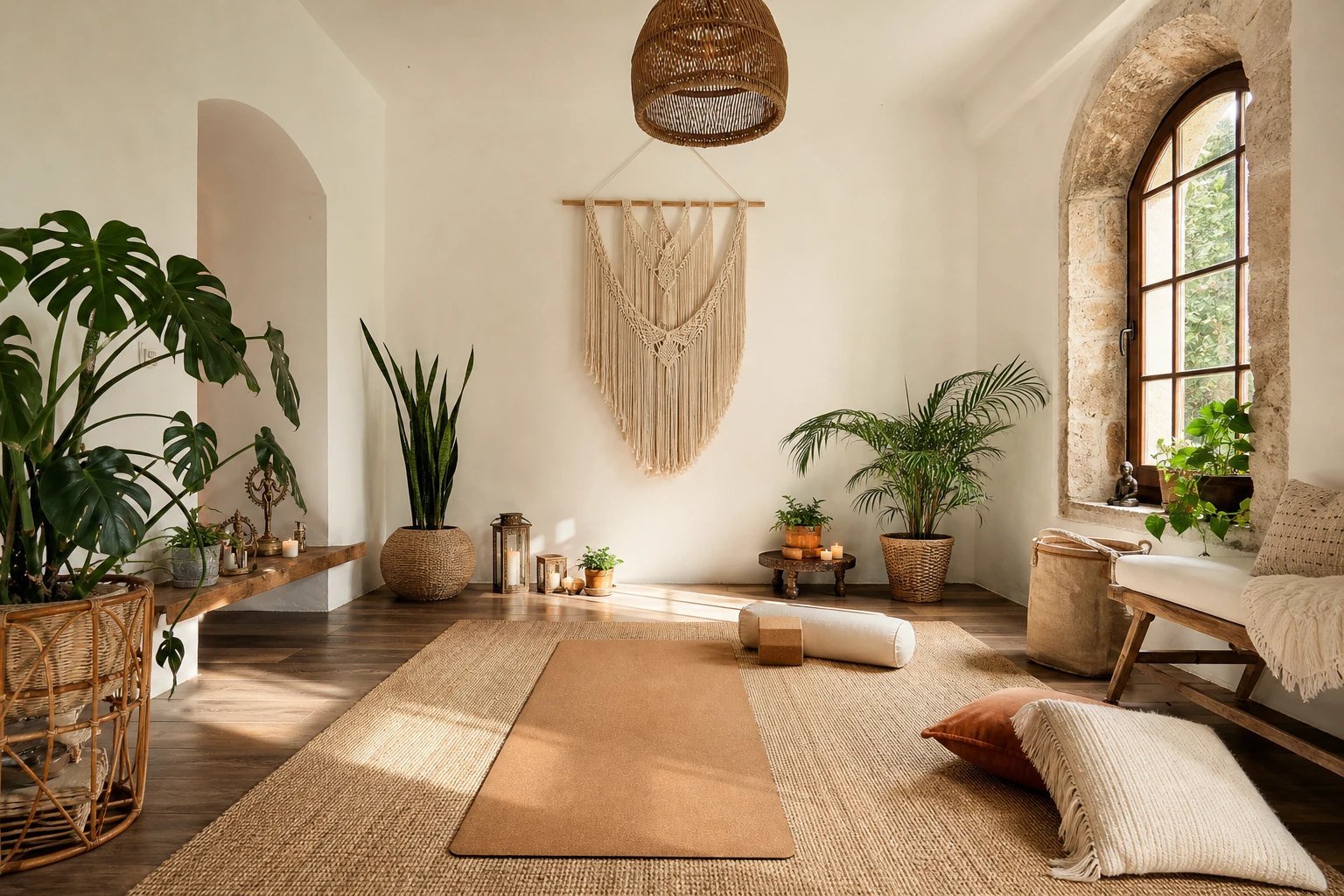 Calm boho yoga room with plants, macrame and natural light
