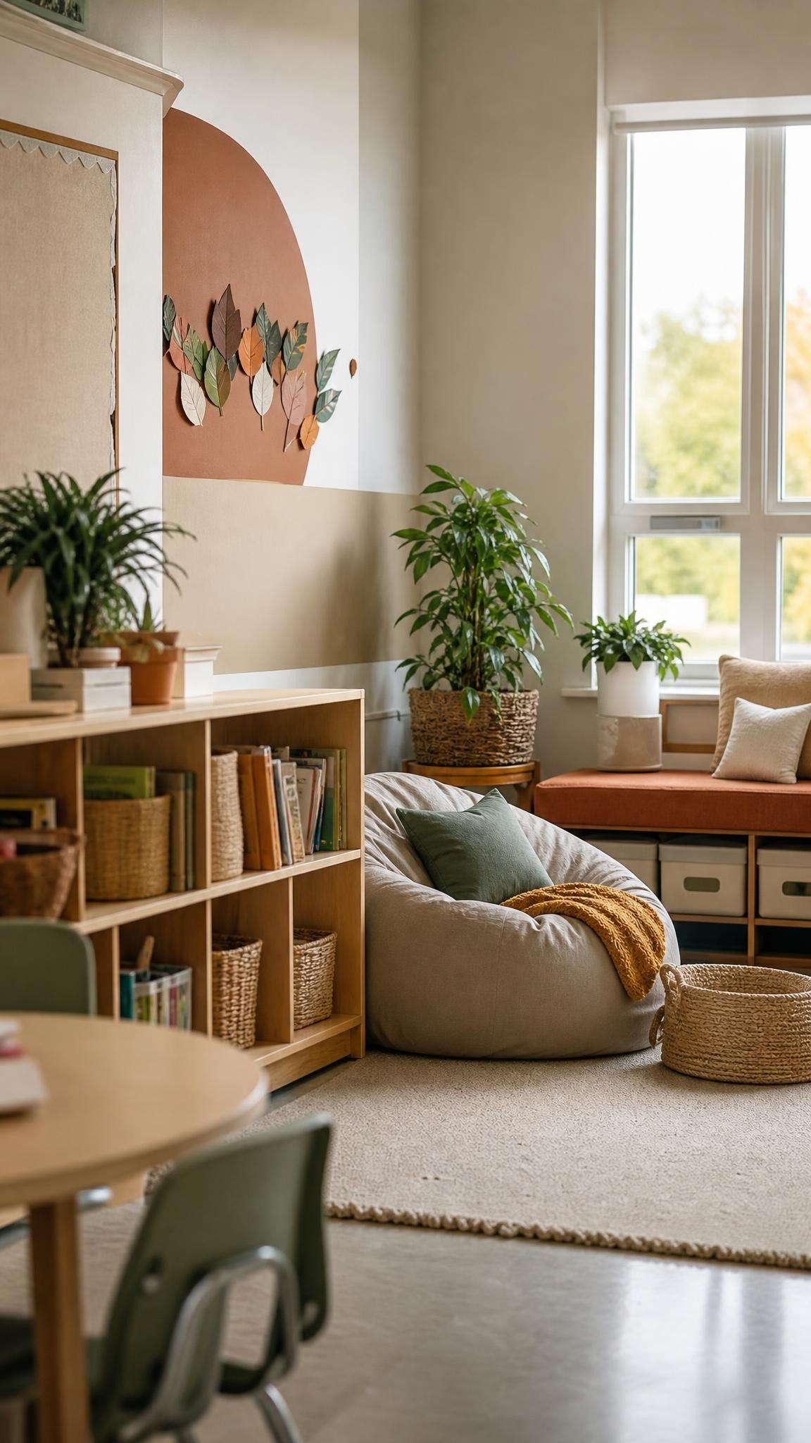 Calm down corner sectioned off with a low bookshelf and a bean bag in an elementary classroom
