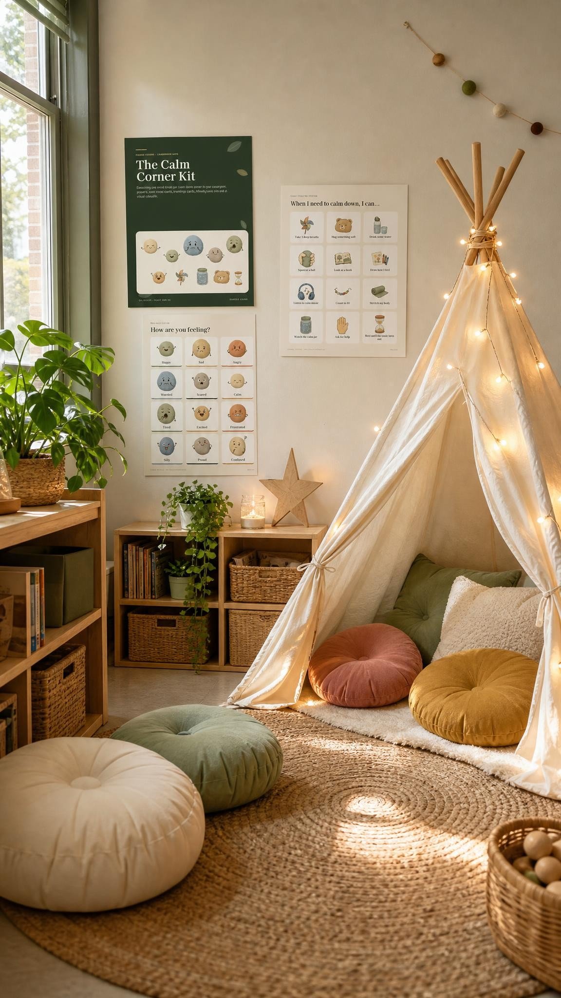 Cozy classroom calm down corner with a canvas teepee, round sage rug, floor cushions and a basket of calming tools