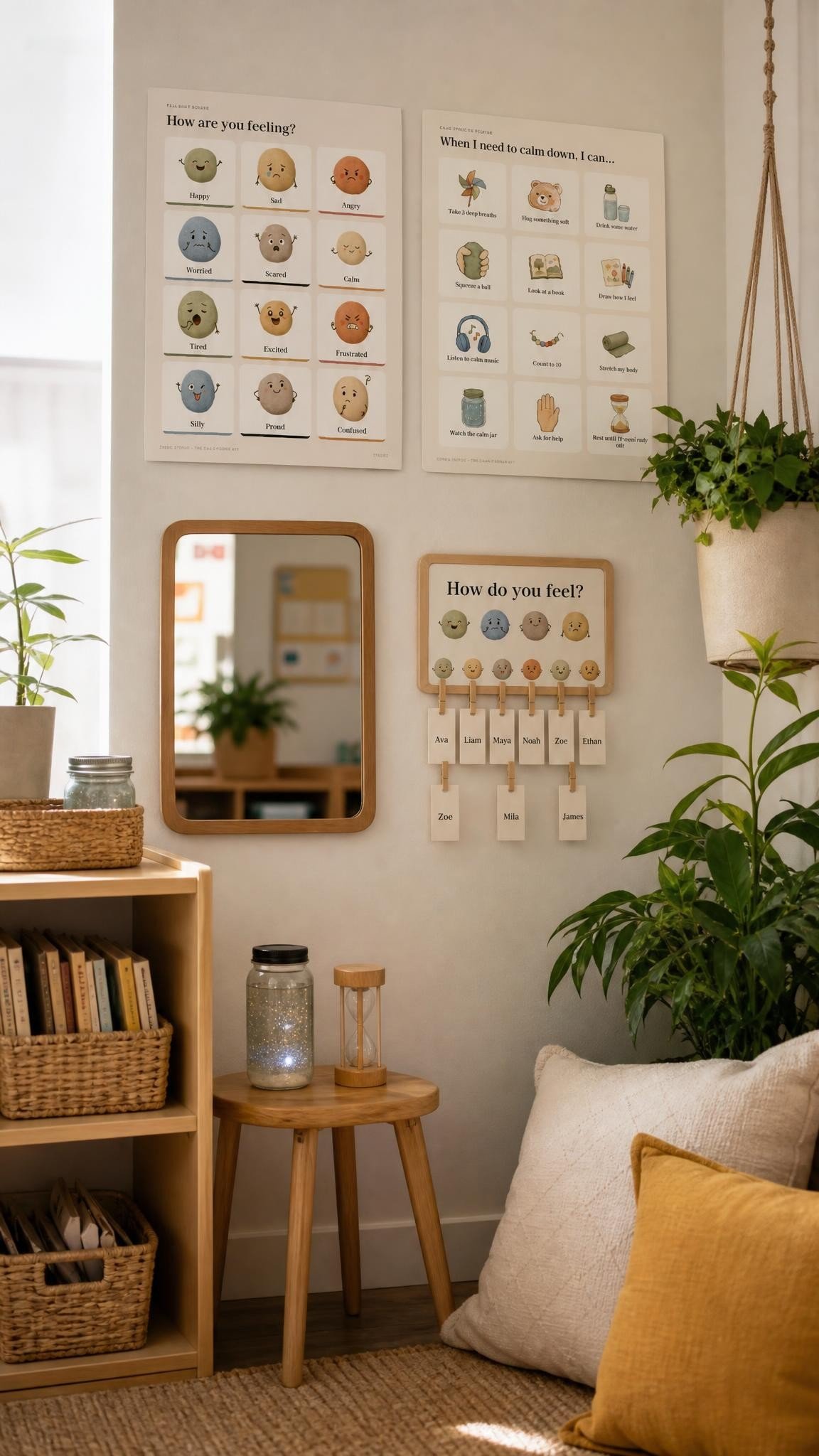 Calm corner wall with a feelings faces poster and a breathing shapes poster above a cushion