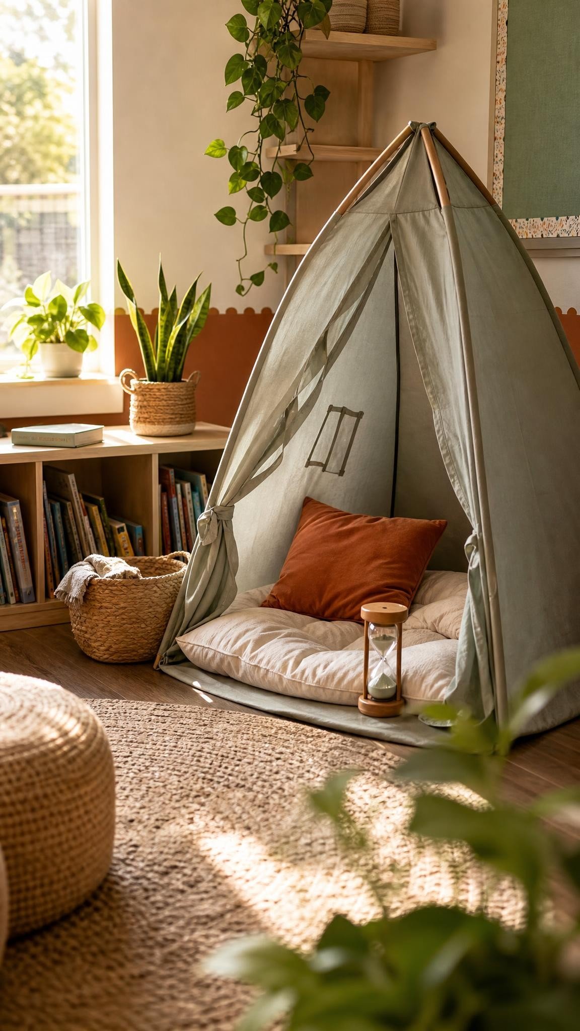 Small calm down spot with a pop up tent and cushion beside a filing cabinet in a small classroom