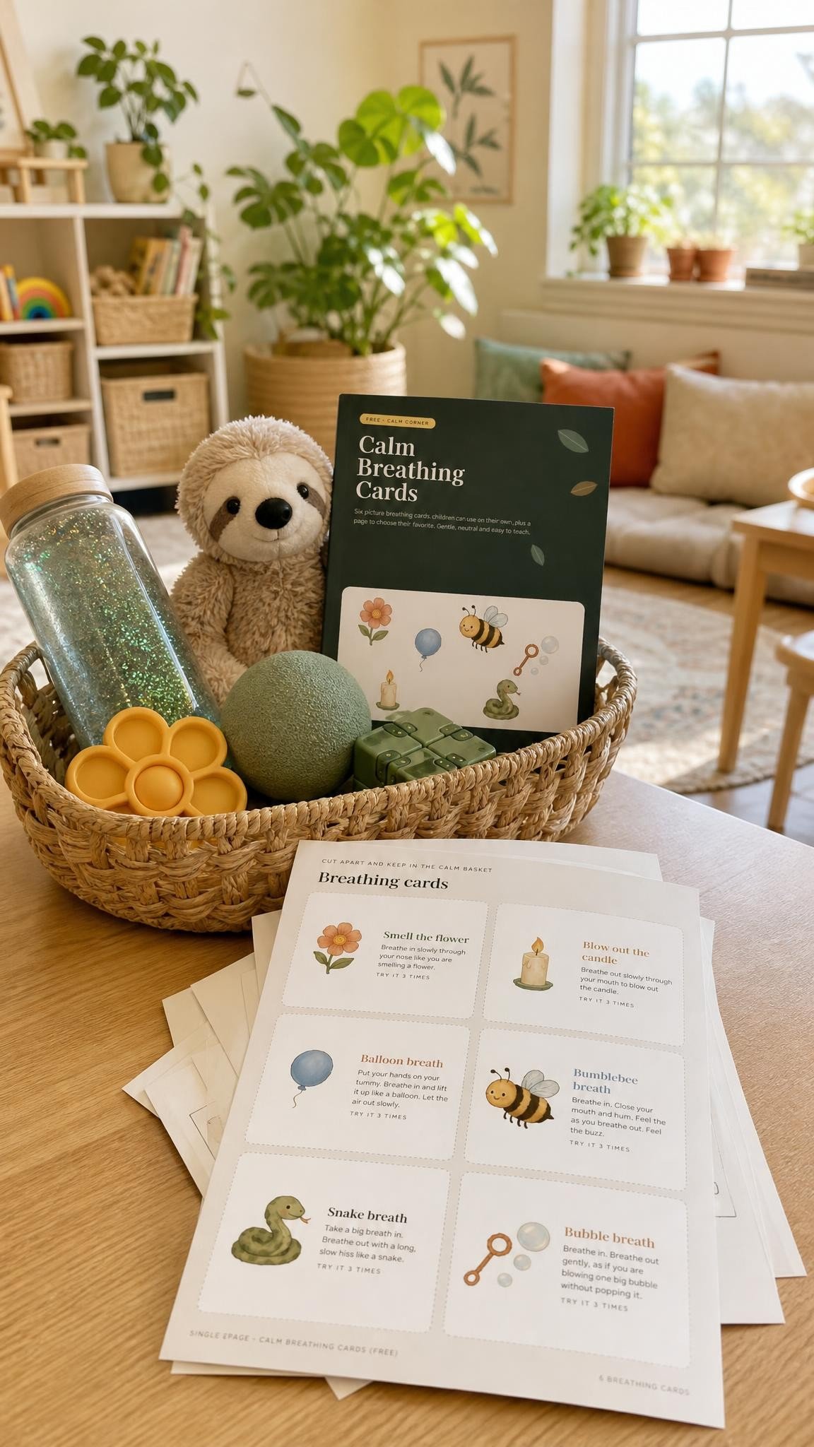 Calm down corner tools in a woven basket: sensory bottle, squish balls, sand timer, earmuffs, weighted lap pad and mirror
