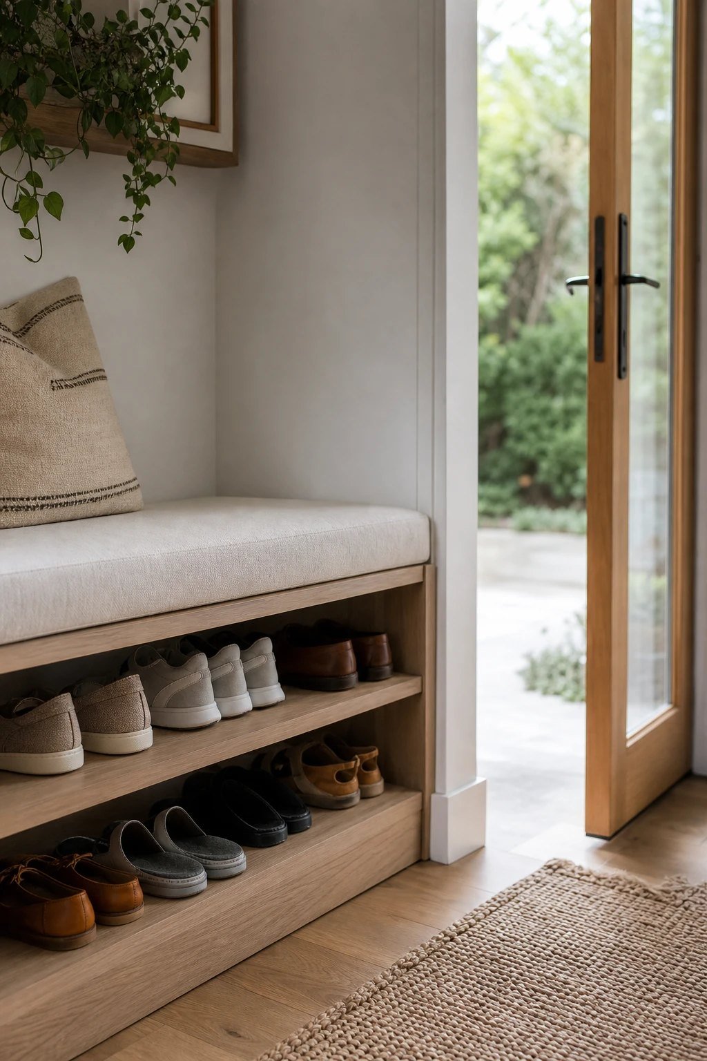 A bench with shoe storage underneath