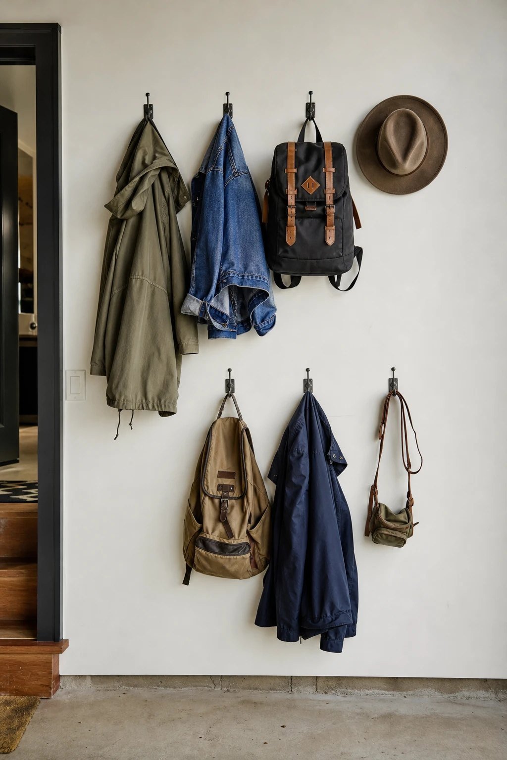 A row of hooks at two heights