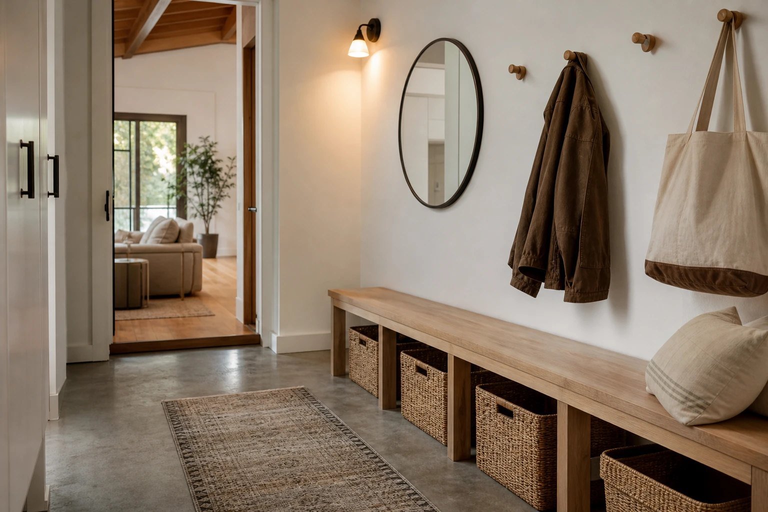Calm garage entryway with a wood bench, wall hooks and warm lighting