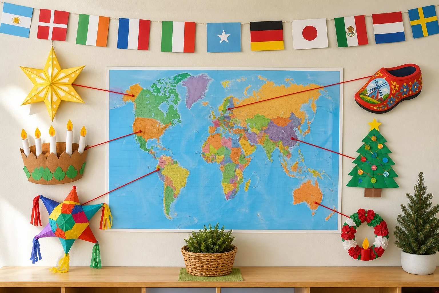 A cheerful Christmas around the world classroom display with a world map and crafts