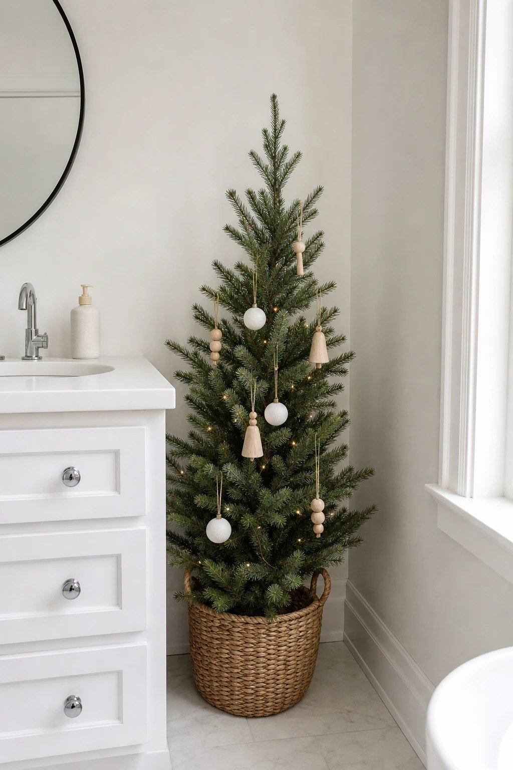 A tabletop tree in the corner