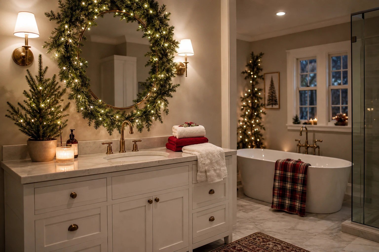 A cozy Christmas bathroom with a greenery-framed mirror, red towels and candlelight