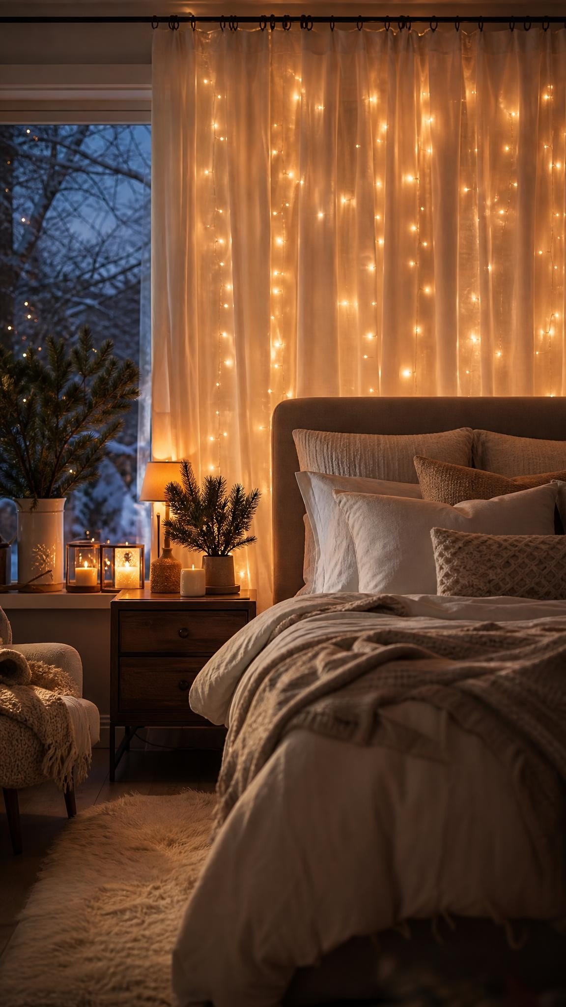 A cozy bedroom at dusk with a wall of warm white curtain fairy lights glowing behind sheer linen drapes, an upholstered bed with layered neutral beddi