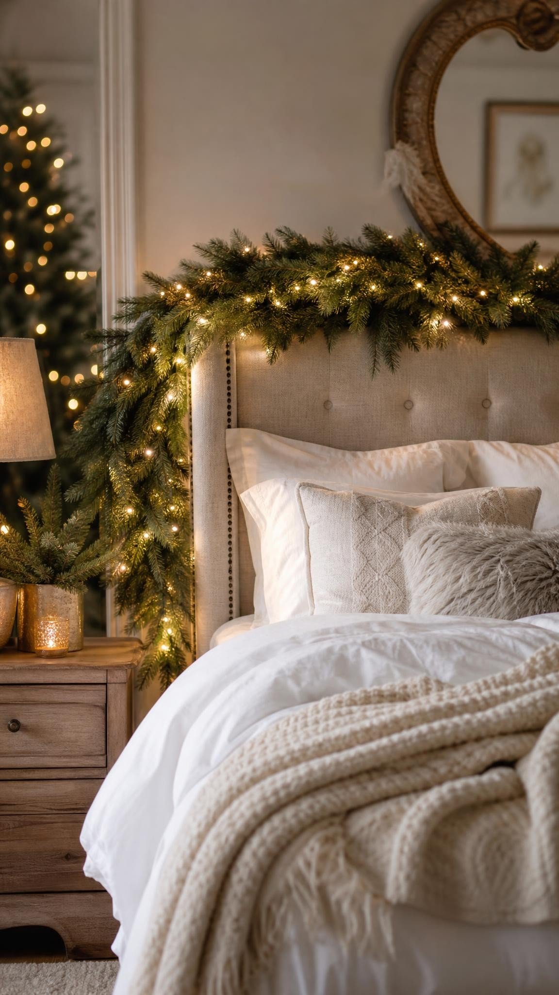 An upholstered linen headboard draped with a lush faux pine garland woven with tiny warm lights, white bedding, elegant cozy bedroom