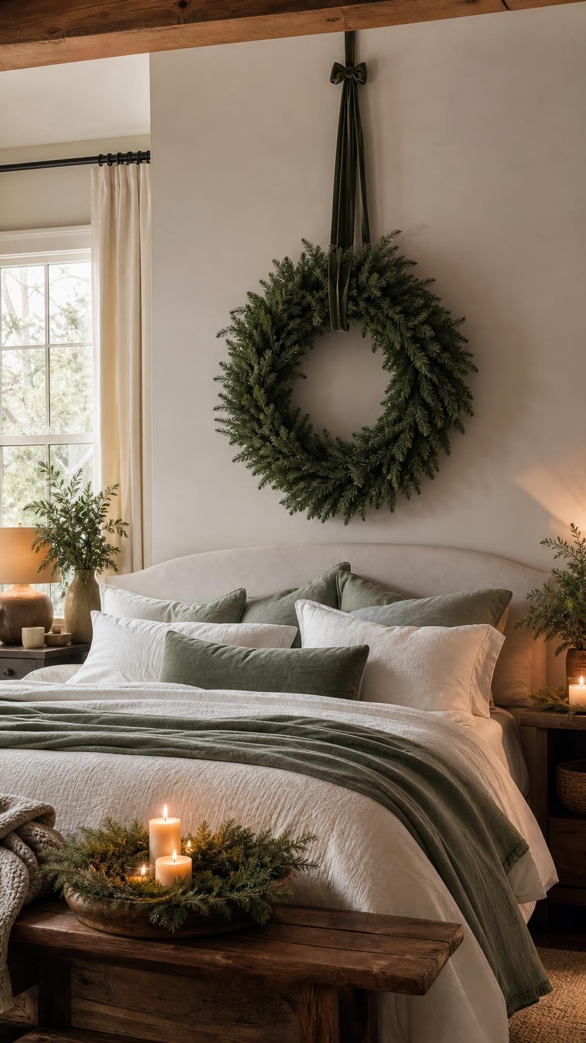 A large simple green wreath hanging on a long velvet ribbon above a bed with white and sage bedding, minimal elegant bedroom, soft daylight