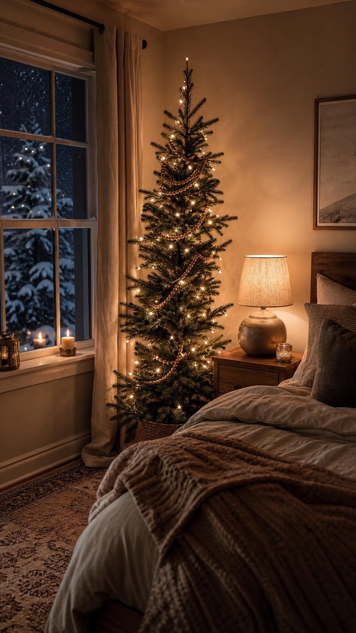 A slim pencil Christmas tree with warm white lights and wooden bead garland in the corner of a cozy bedroom, beside a window with snow outside, night