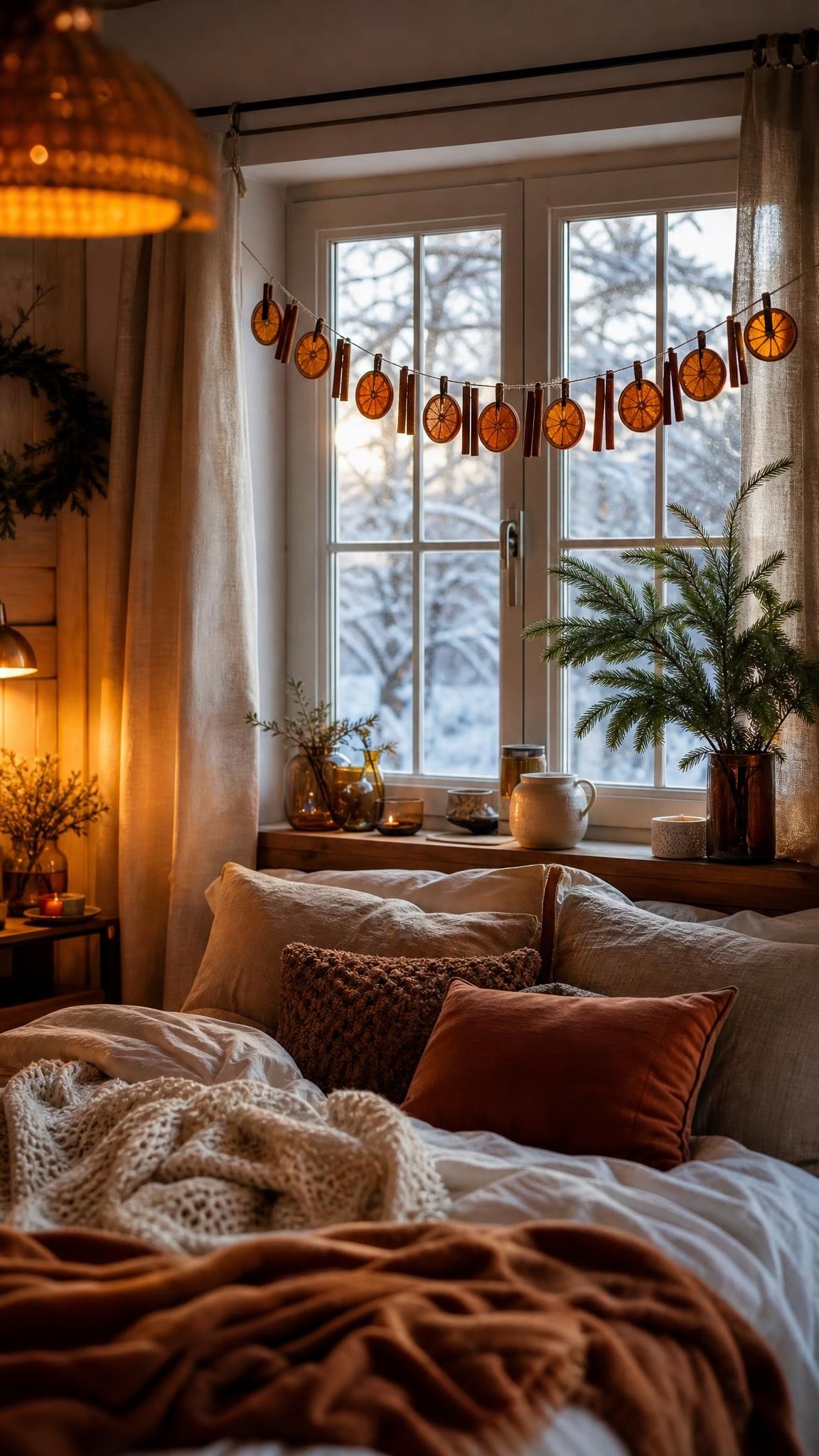 A garland of dried orange slices and cinnamon sticks hanging across a bedroom window, winter morning light shining through, cozy and natural
