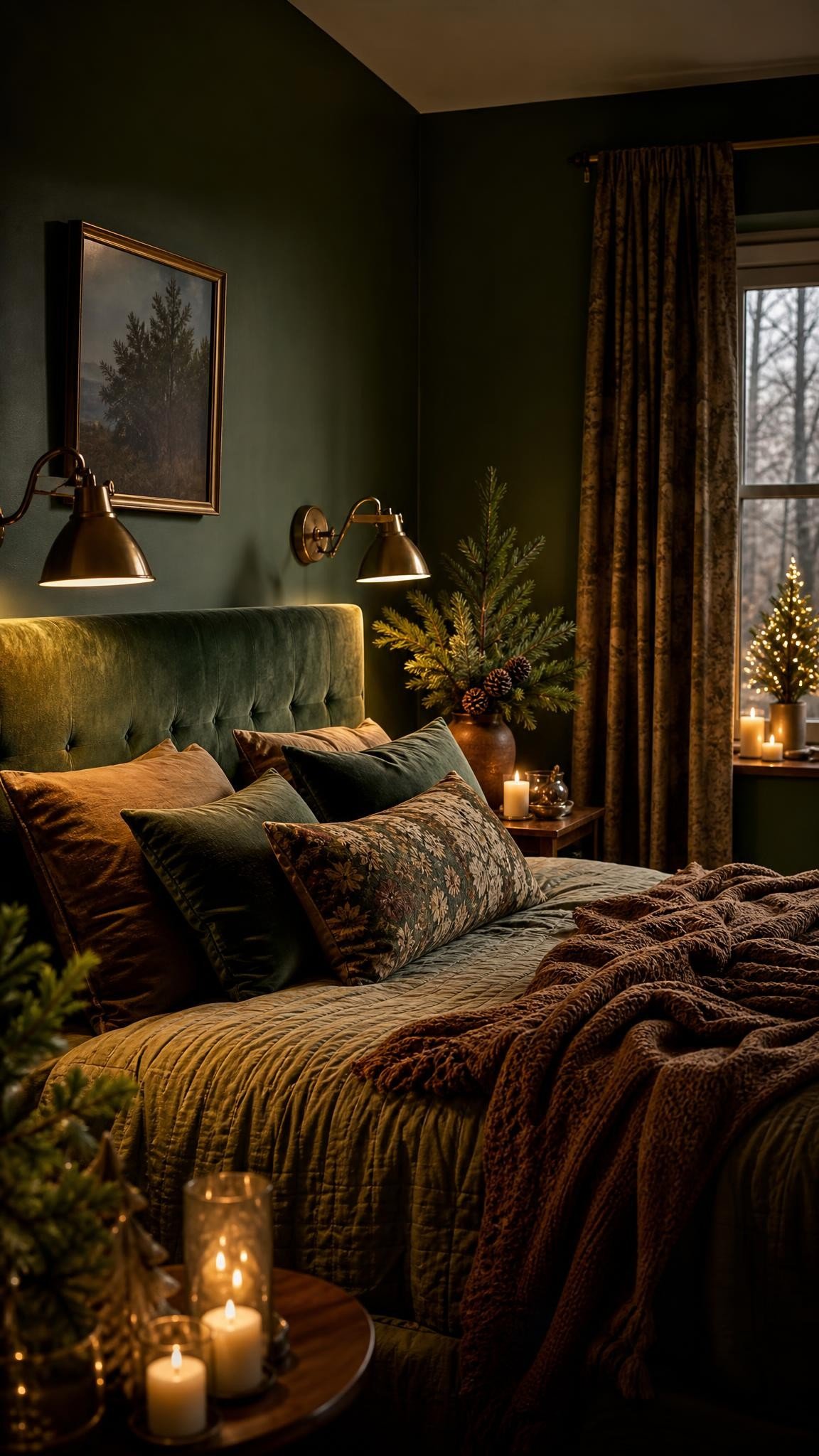 A moody bedroom with deep forest green walls, brass reading lamps, a velvet headboard, candles and a small pine arrangement, rich warm evening light