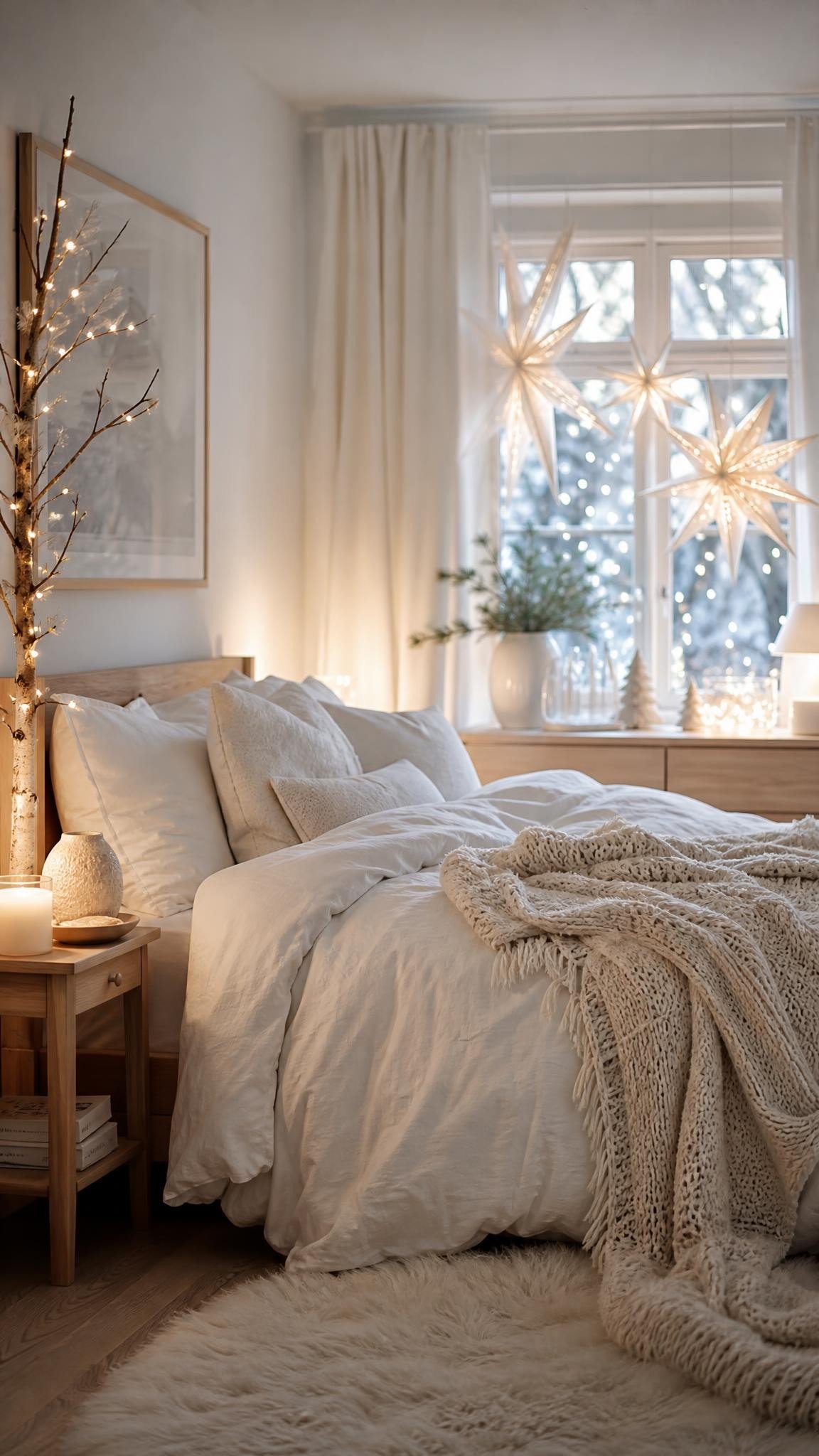 A bright Scandinavian bedroom with all white bedding, pale wood furniture, white paper star lanterns hanging at the window and a single lit birch bran