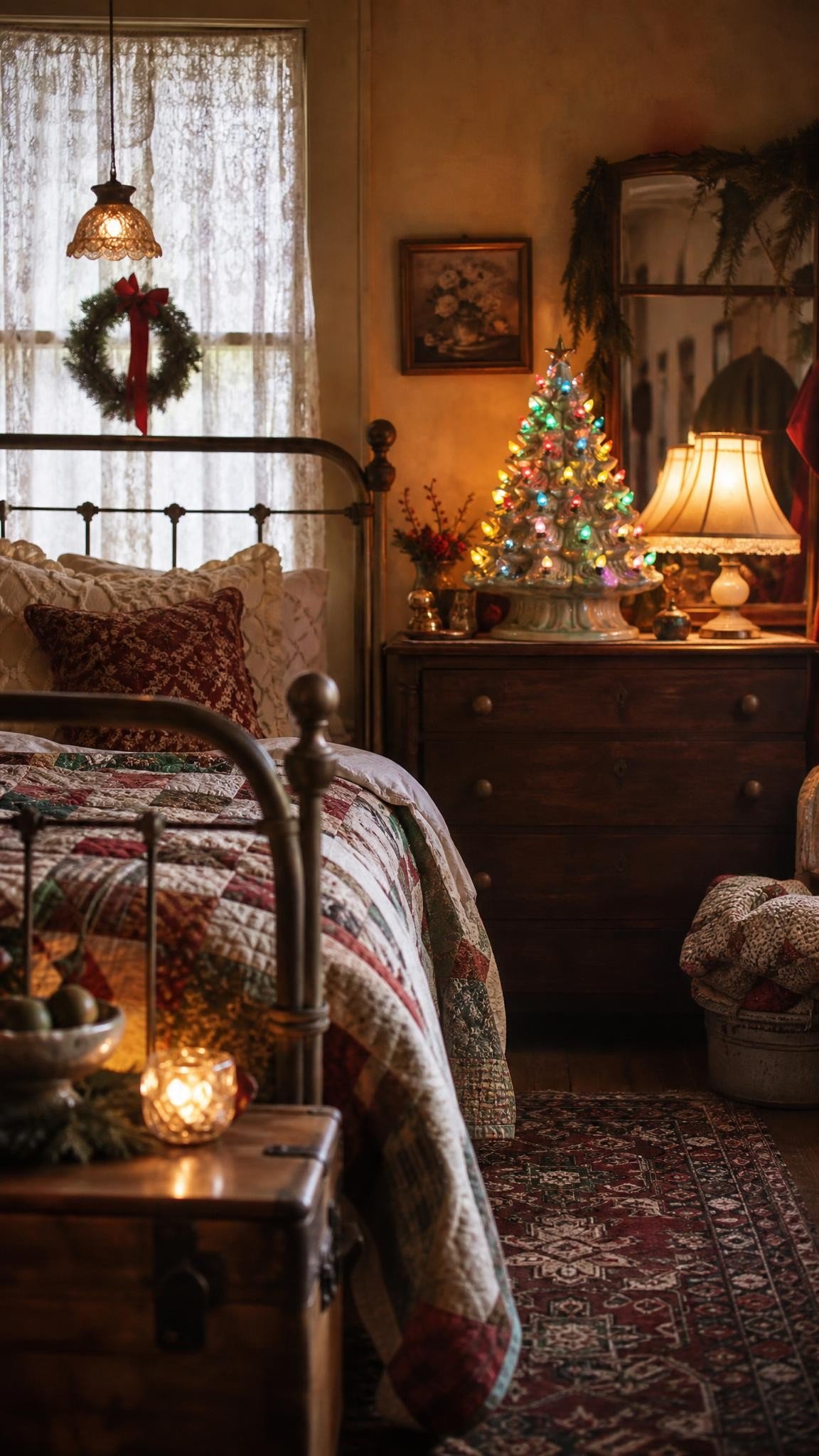 A vintage style bedroom with a glowing ceramic Christmas tree on a dresser, a patchwork quilt on an iron bed, warm nostalgic light