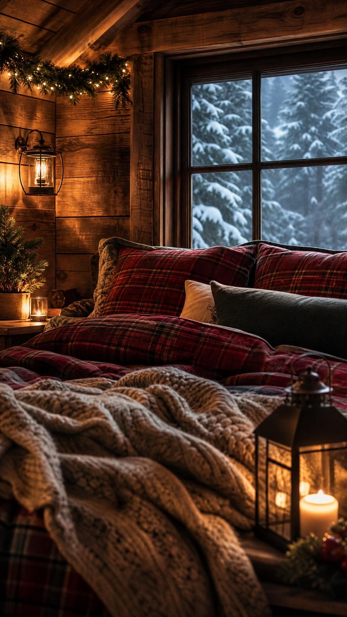 A cabin style bedroom with wooden walls, red plaid bedding, a wool blanket, a lantern and snowy pine forest outside the window