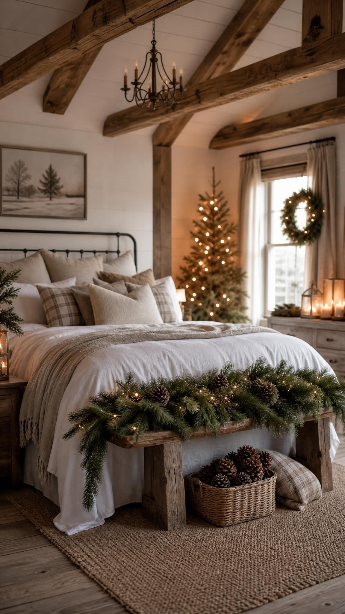 A farmhouse bedroom with exposed wood beams, white bedding, a wooden bench at the foot of the bed with a long pine garland and a basket of pinecones