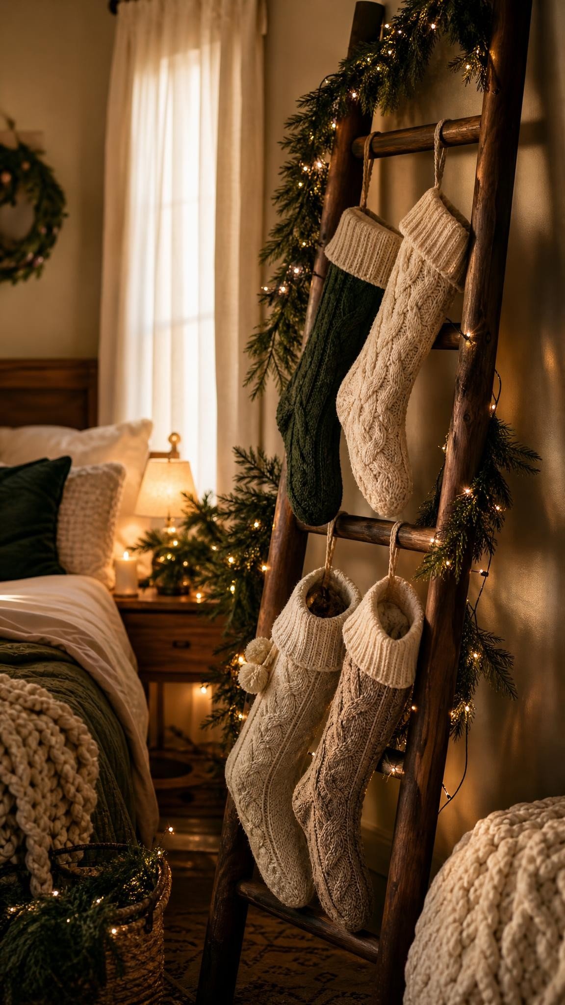 Knit Christmas stockings hanging from a wooden blanket ladder leaning in a cozy bedroom corner, fairy lights, soft morning light