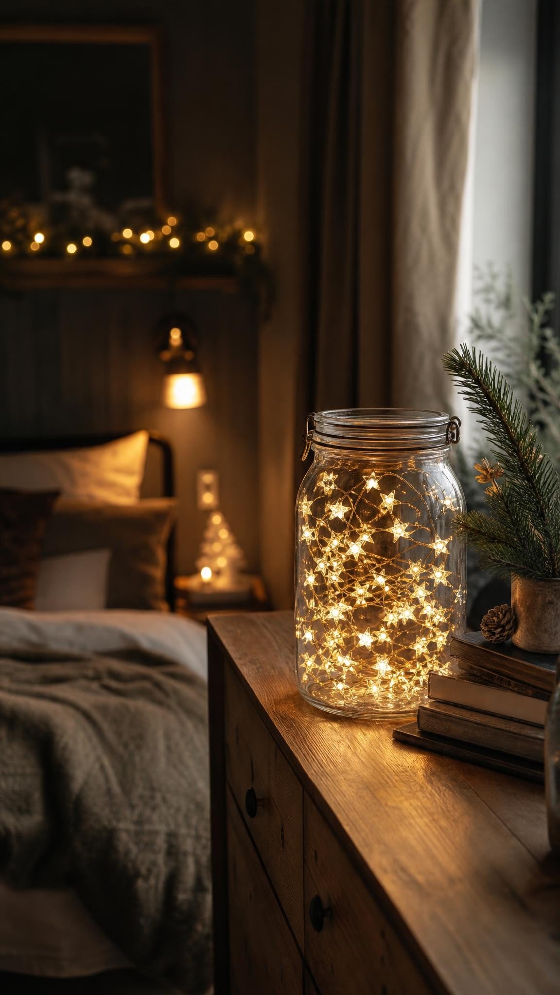 A large clear glass jar filled with glowing tiny star string lights on a wooden dresser beside a small pine sprig and a stack of books, dark cozy bedr