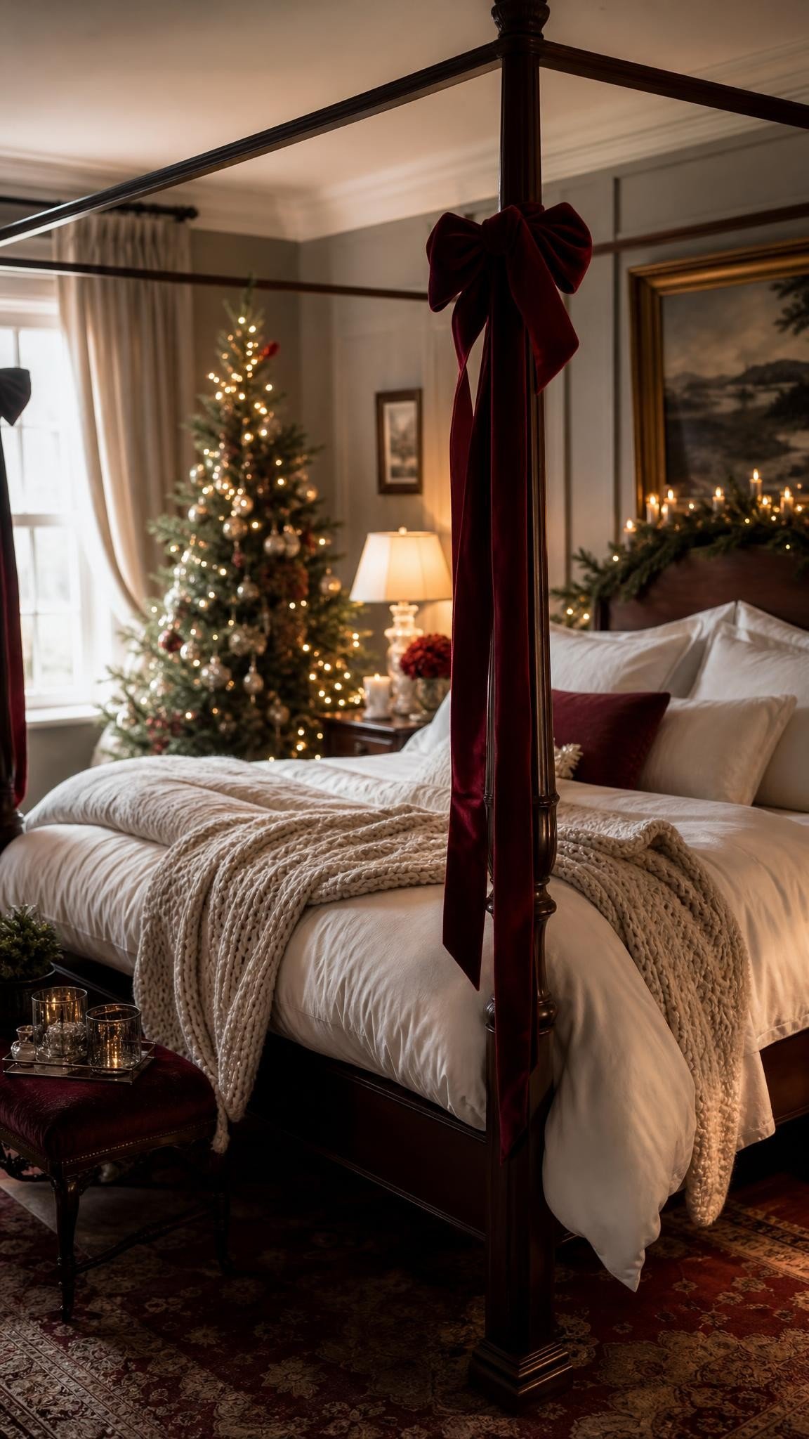 A four poster bed with deep red velvet bows tied on each post, white bedding, elegant bedroom with soft window light