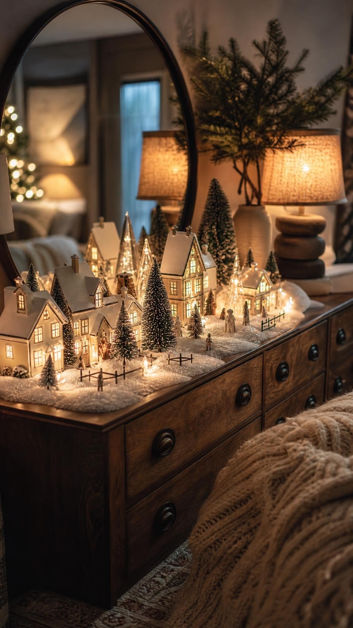 A small porcelain Christmas village with tiny glowing houses arranged on a wooden dresser with fake snow and mini trees, cozy bedroom at night