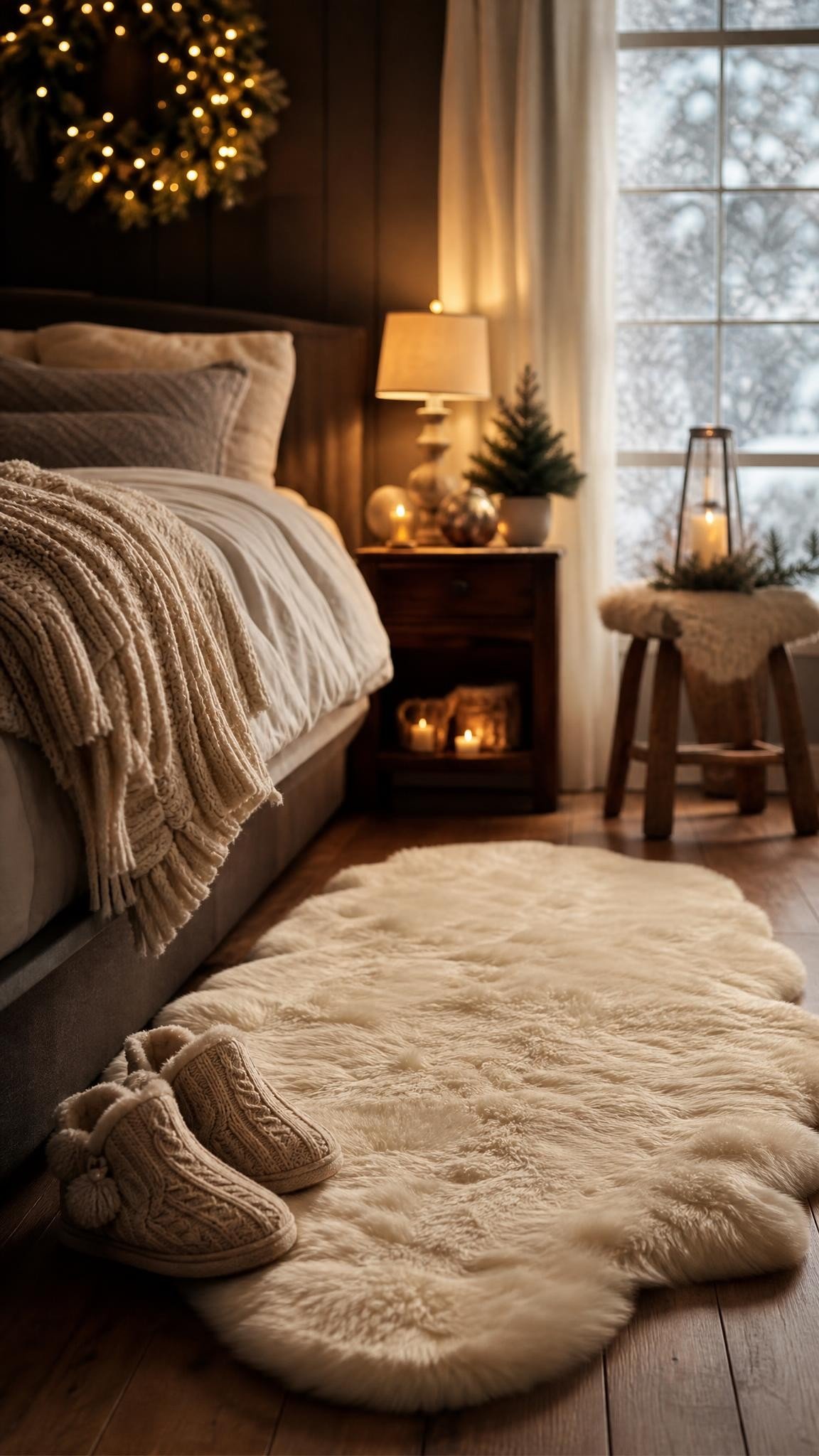A fluffy faux sheepskin rug beside a bed on a wooden floor with a pair of knit slippers, snowy window light, cozy calm morning