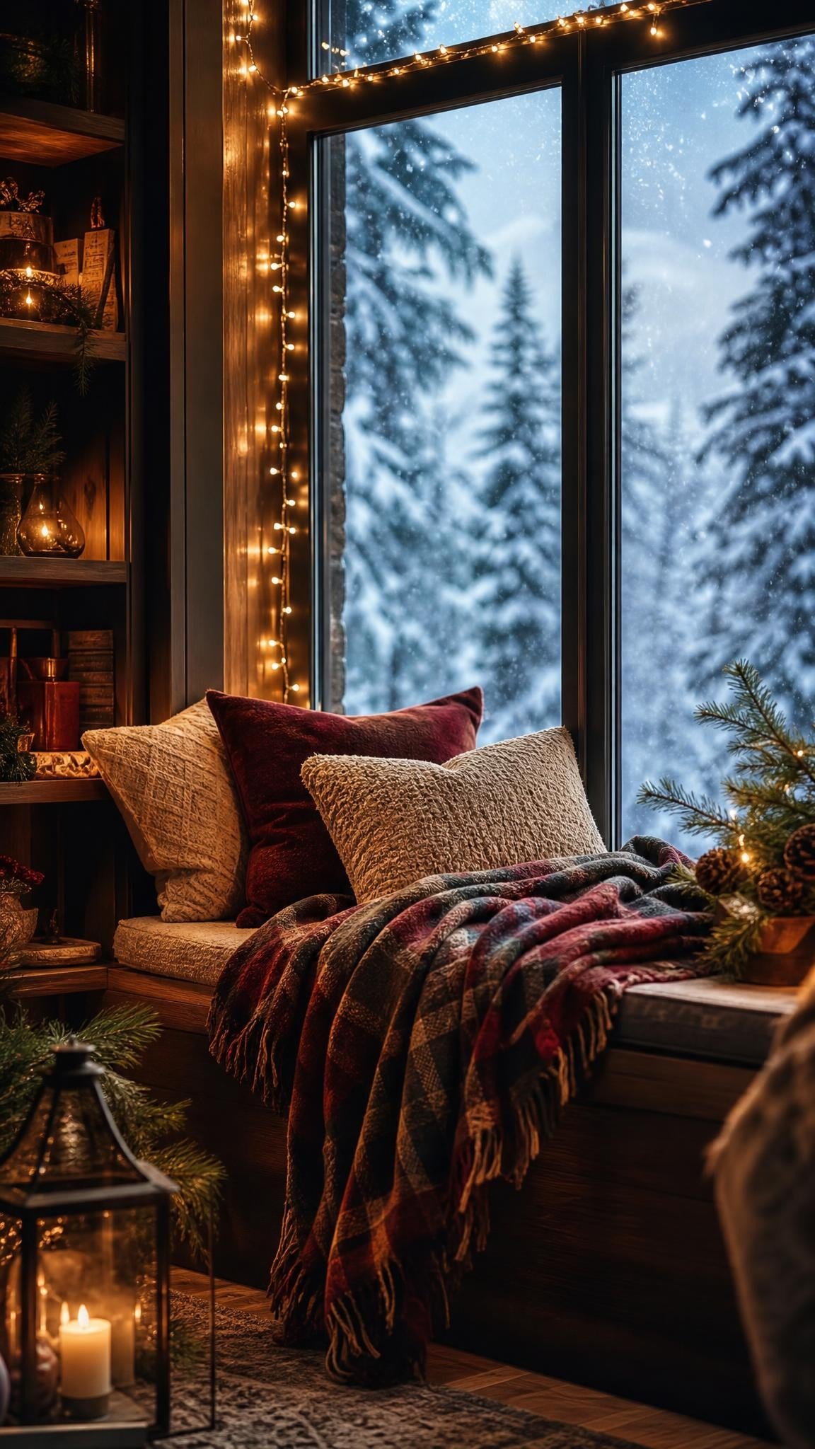A cozy bedroom window seat with cushions, a plaid throw and warm fairy lights around the window frame, snowy pine trees outside, magical evening
