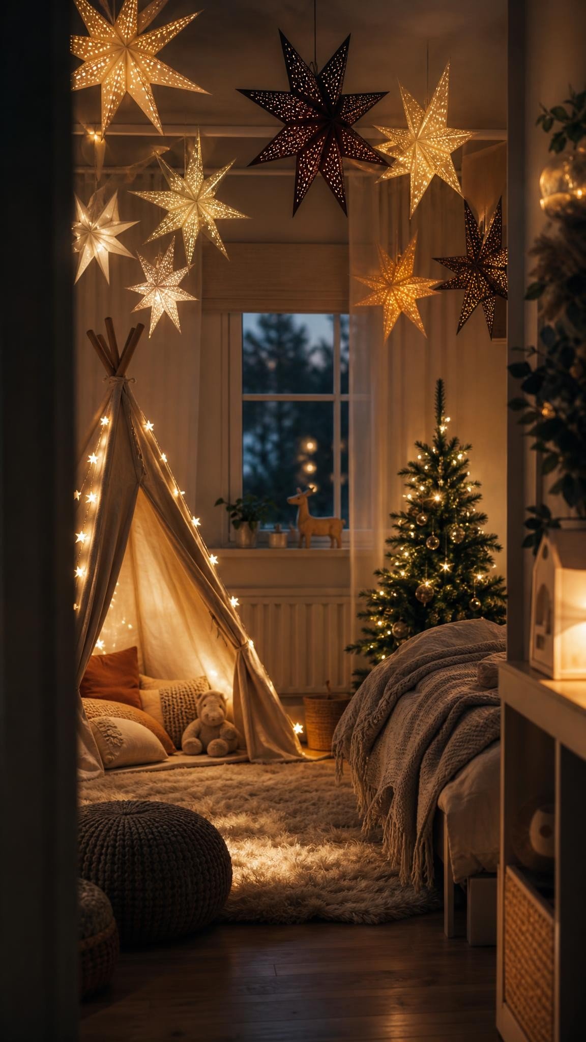 A children's bedroom with a small play tent strung with star lights, paper star lanterns hanging from the ceiling and a small lit Christmas tree, warm