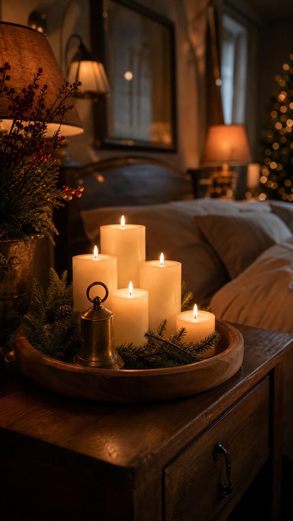 A wooden tray on a nightstand holding a cluster of ivory pillar candles glowing softly, a pine sprig and a small brass bell, moody warm bedroom light