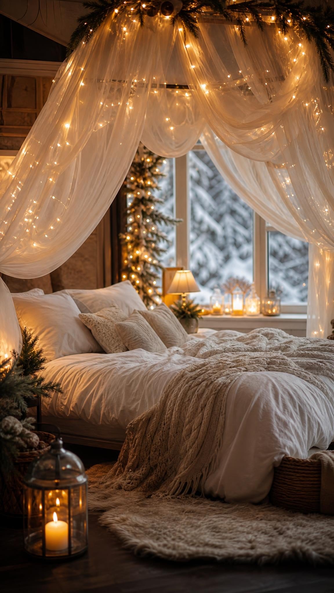 A romantic bedroom with a sheer white canopy over the bed draped with warm fairy lights, white bedding, snowy window in the background, dreamy evening