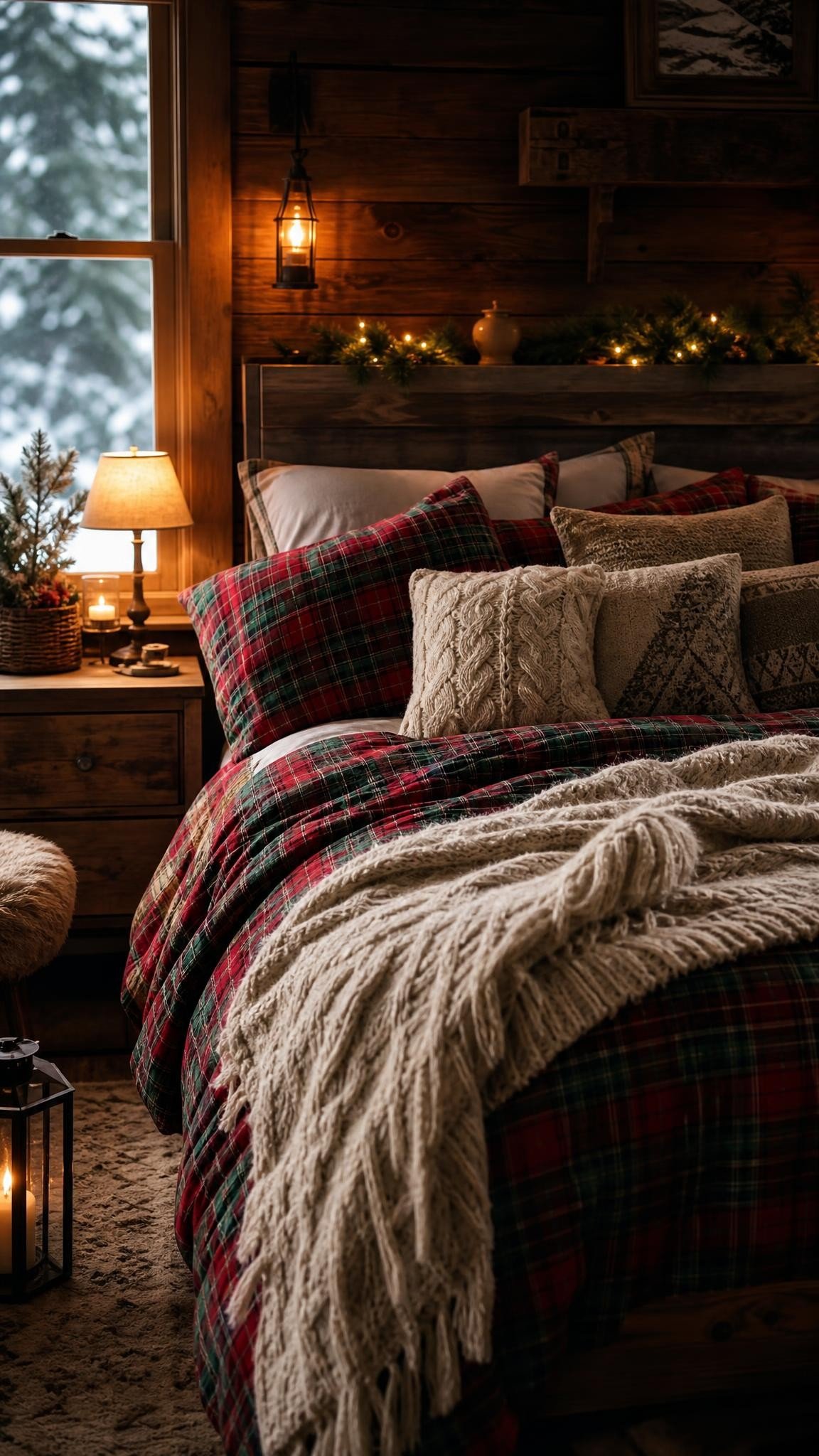 A beautifully made bed with red and green plaid flannel bedding, a cream knit throw and wool pillows, cozy cabin bedroom with wood paneling and warm l