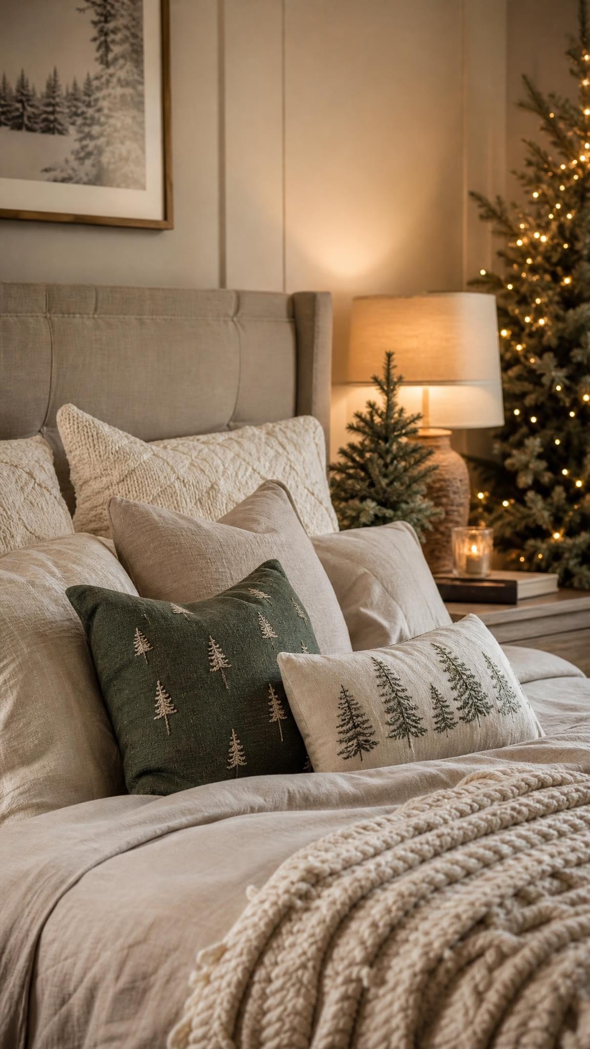 A bed styled with layered pillows in cream knit, linen and two festive Christmas pillow covers with subtle tree patterns, neutral bedroom, soft mornin