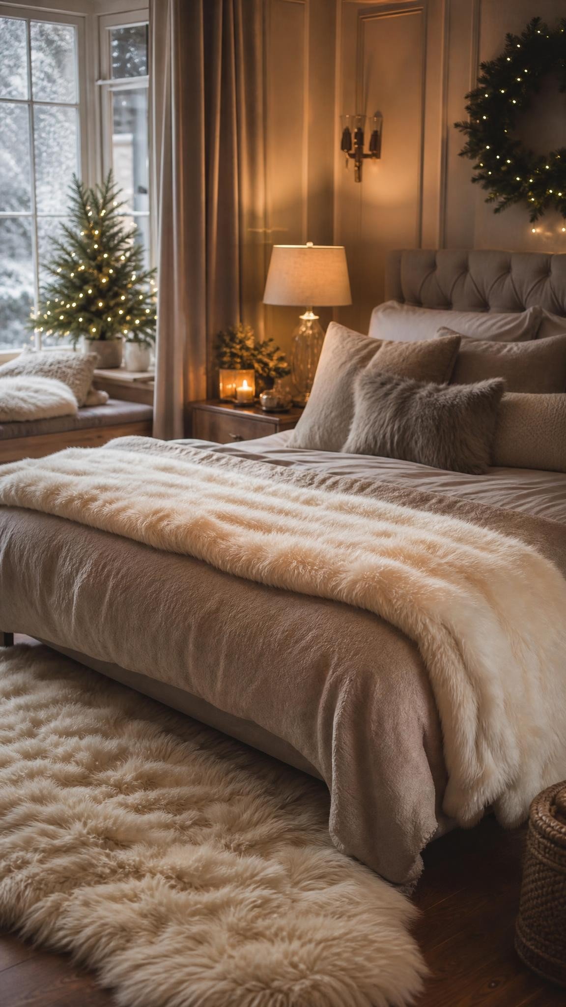 An ivory faux fur throw folded across the foot of a neatly made bed, a sheepskin rug on wooden floor, soft winter light from a window