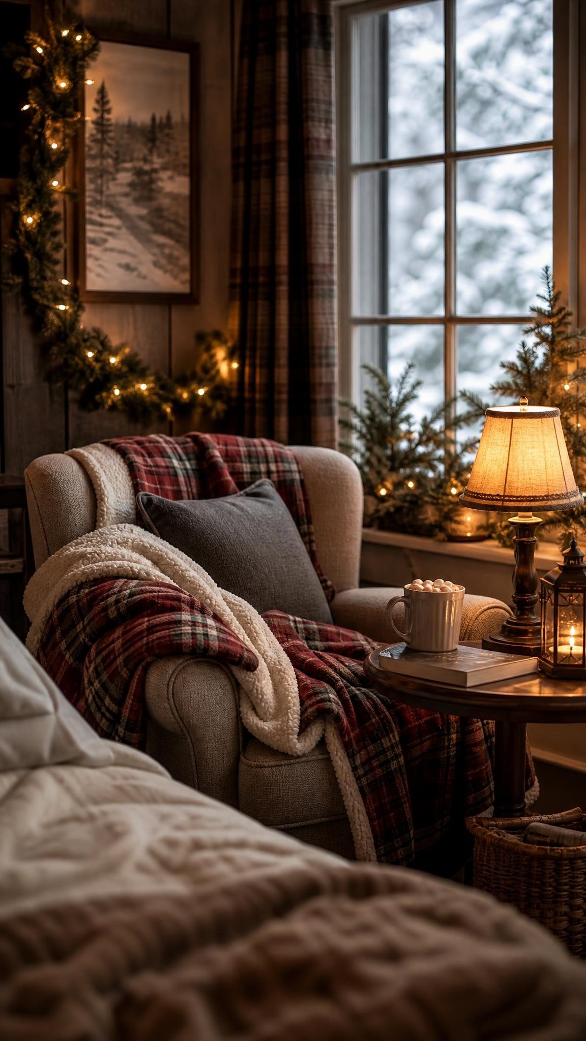 A cozy armchair in a bedroom corner with a red plaid sherpa throw, a small side table with a lamp, a mug of cocoa and a book, snowy window behind