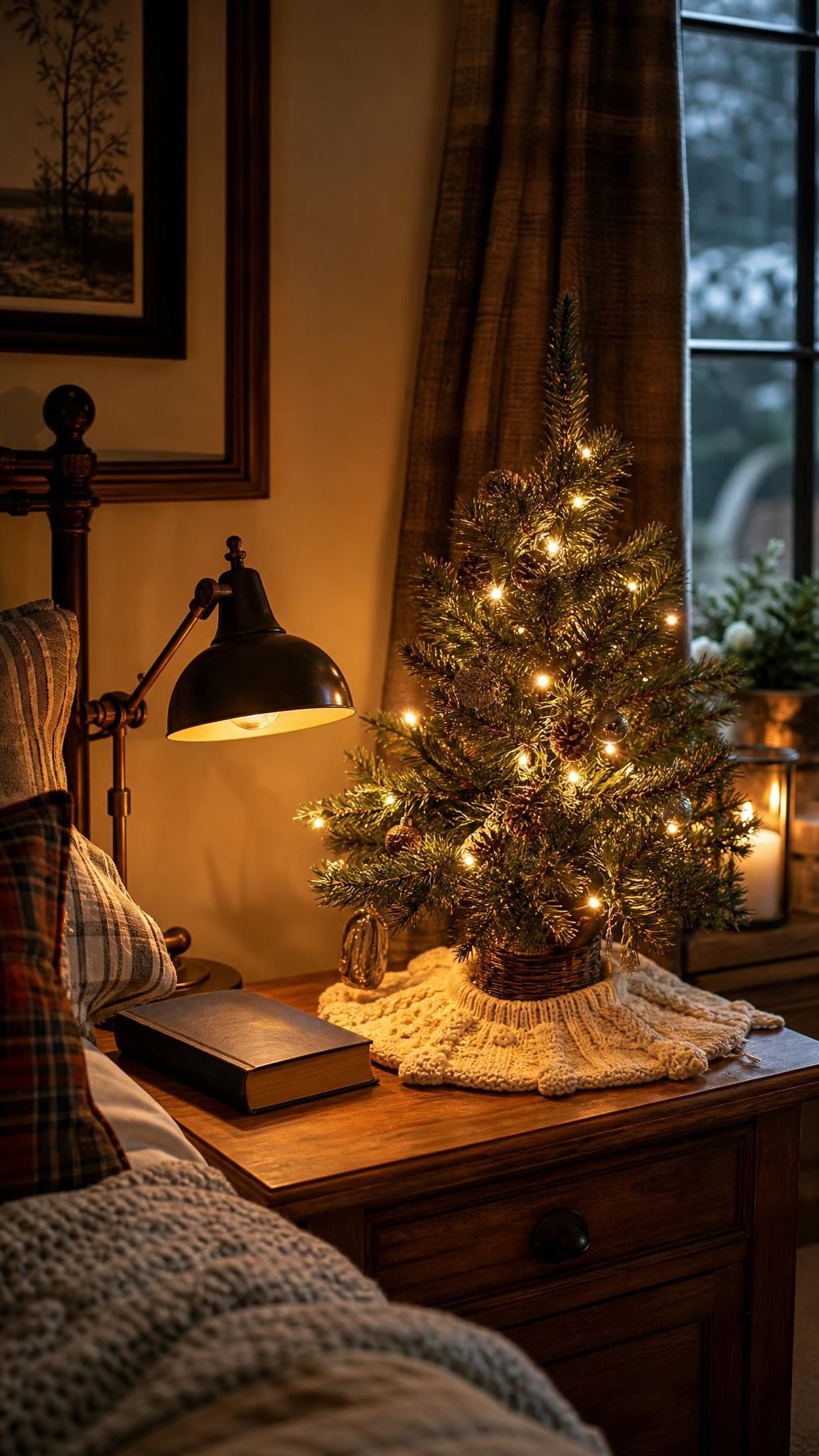 A small lit tabletop Christmas tree on a wooden nightstand with a cream knit tree skirt, a reading lamp and a book, cozy bedroom at night