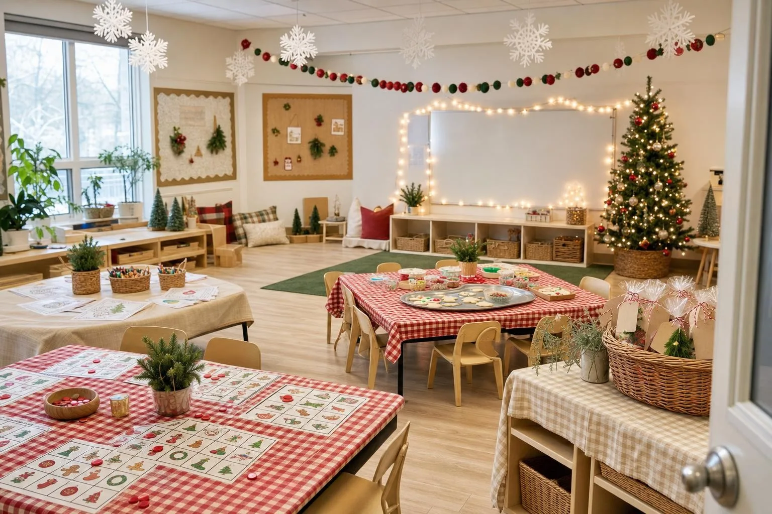 Elementary classroom set up for a calm Christmas class party with picture bingo cards, a cookie decorating table, gift bags and a small Christmas tree