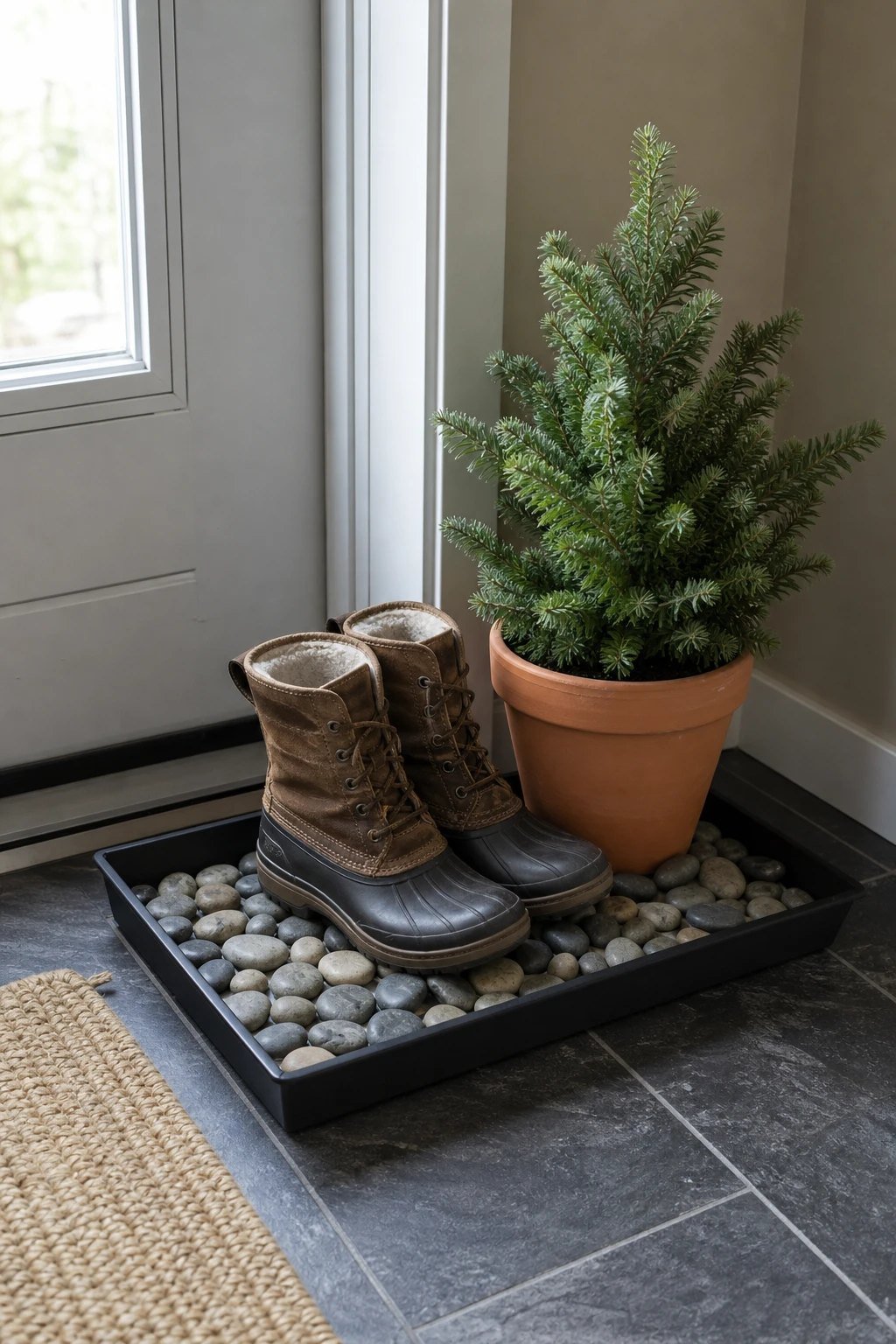 A boot tray with greenery