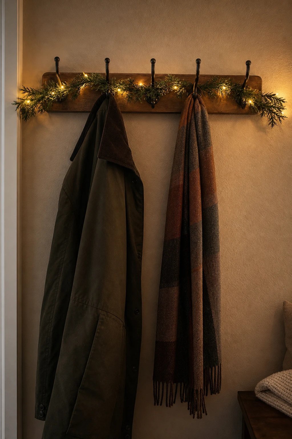 Fairy lights on the coat hooks