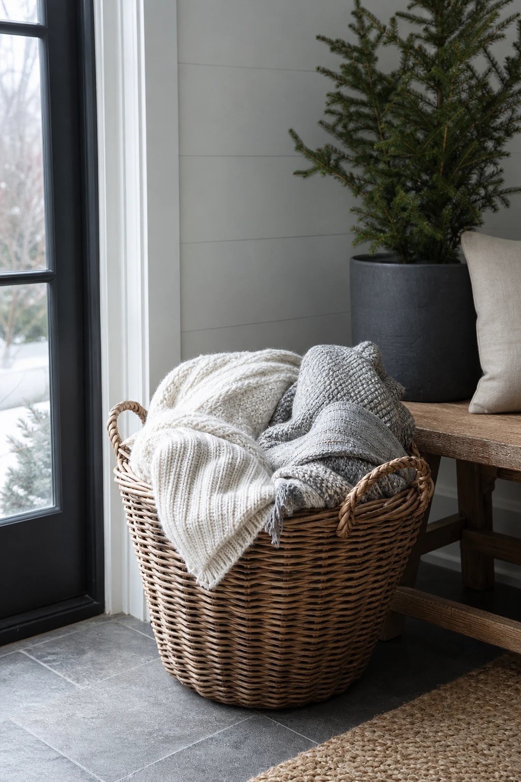 A cozy blanket basket by the door