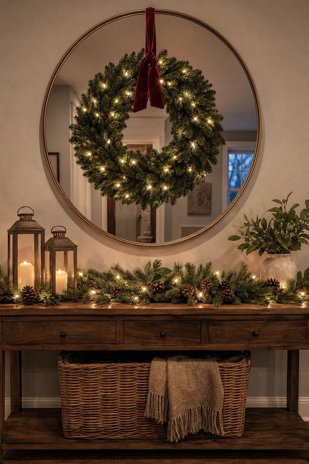 A wreath on the entry mirror